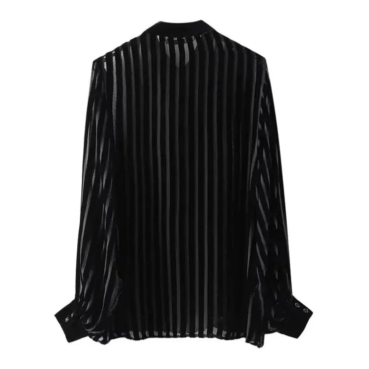 TRAF Women Black Oversize Shirt 2024 Striped Velvet Shirts Woman Long Sleeve Shirts and Blouses Female Semi Sheer Women's Shirts  Amaijoin