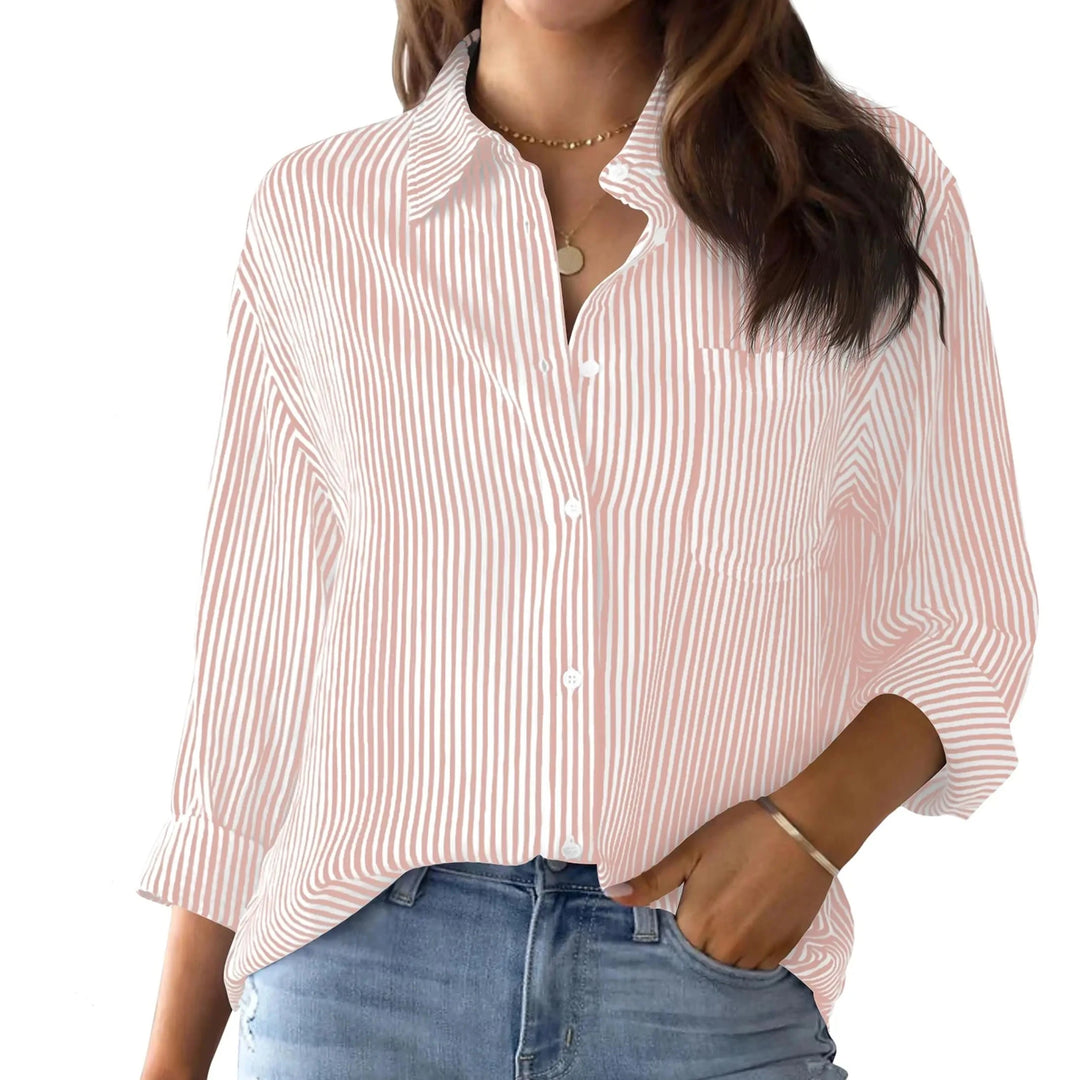 2024 Women's Shirt Blouse Striped classic Print,Button Long Sleeve Casual  No pockets Daily Basic Shirt Fall & Winter Tops  Amaijoin