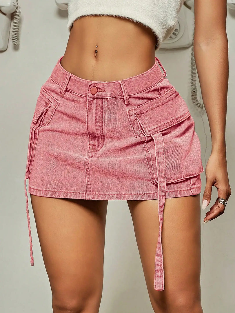 2023 Trendy Street Tooling Style Flap Pocket Ribbon Details Slim Workwear Denim Mini Skirt High Street Clothing  Amaijoin