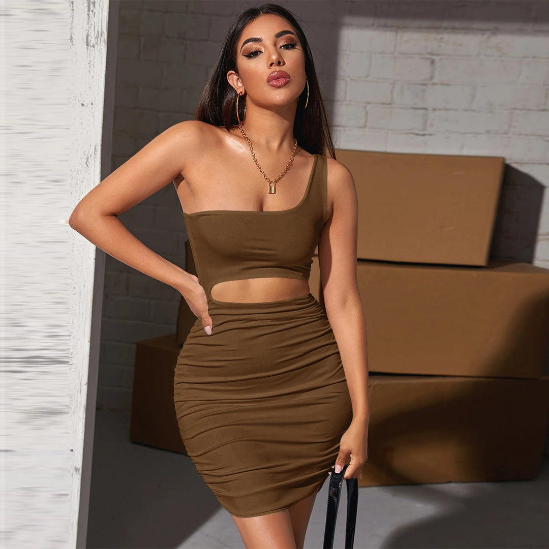 Fashion Fall One Shoulder Dress Women Sexy Ruched Waist Hollow Out Dresses Sleeveless  Club Hollow Out Backless Party Vestido  Amaijoin