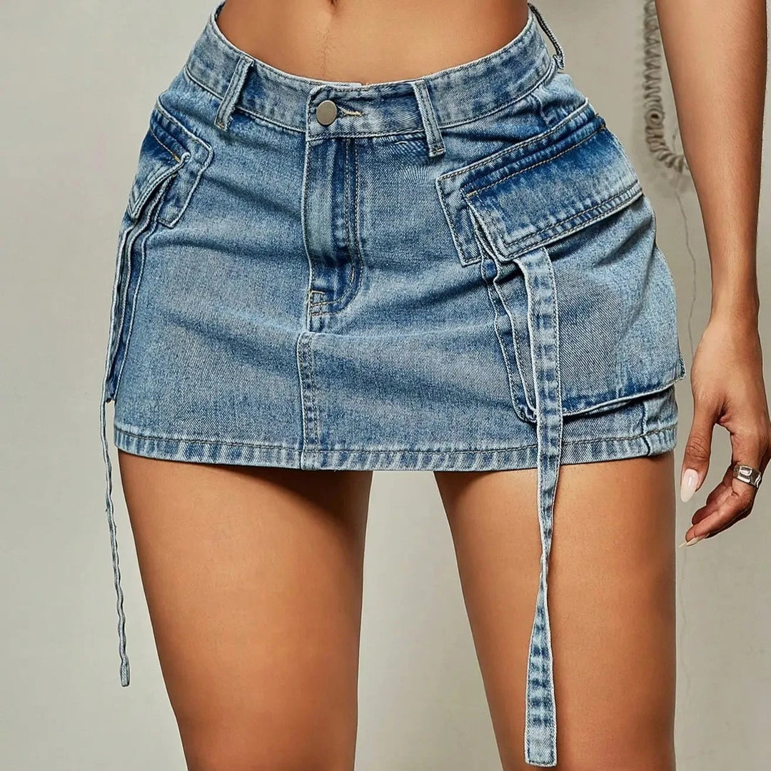 2023 Trendy Street Tooling Style Flap Pocket Ribbon Details Slim Workwear Denim Mini Skirt High Street Clothing  Amaijoin