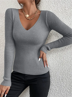 Load image into Gallery viewer, 2024 Autumn Winter Women Solid Rib Knit V Neck Stripe Pull Sweater Femme Y2k Long Sleeve Pullover Jersey Tops Fashion Clothes  Amaijoin
