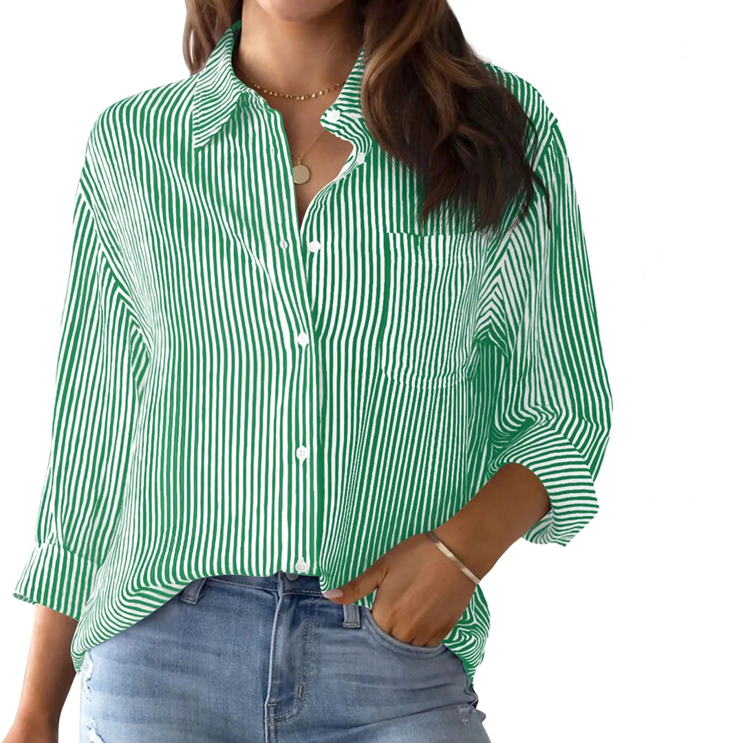 2024 Women's Shirt Blouse Striped classic Print,Button Long Sleeve Casual  No pockets Daily Basic Shirt Fall & Winter Tops  Amaijoin