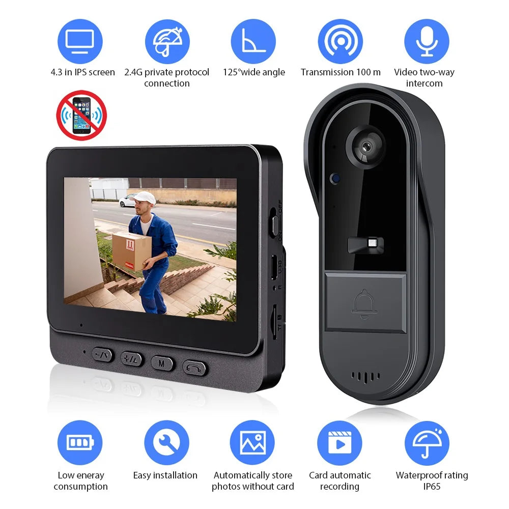 4.3inch 2.4G  Wireless Video Doorbell Camera WIFI Night Vision Smart Home Security Door Bell Two Way Intercom For Home  Amaijoin