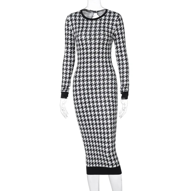 Houndstooth Print Women Long Sleeve Midi Dress Hollow Out Bodycon Sexy Streetwear 2022 Autumn Winter Club Elegant Slim  Amaijoin