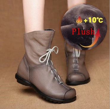 JIANBUDAN/ Genuine Leather Plush women's short Boots Retro Casual Autumn Winter Women's Boots Waterproof leather warm Snow boots  Amaijoin