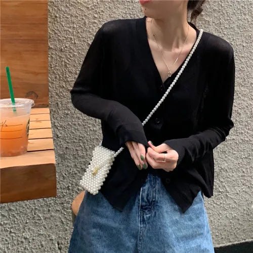 Cardigan Shirt Women Tops Korean Long Sleeve Cardigan Summer Tops V Neck Thin Knitted Sunscreen Shirt Sweater Blusas Mujer E600  Amaijoin