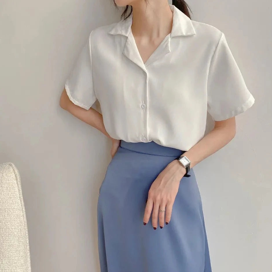 Women Summer Chiffon Blouse Elegant Short Sleeve V Neck Loose Shirt Casual Solid Korean Chic Simple Tops Female Tunic Blusas  Amaijoin