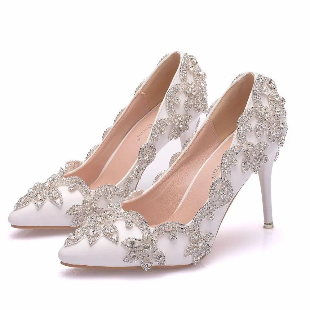 Women Bride Shoes High Heels Wedding Thin Heels White Diamond Glittering Evening Dress Shoe Luxury Crystal Pumps For Party  Amaijoin