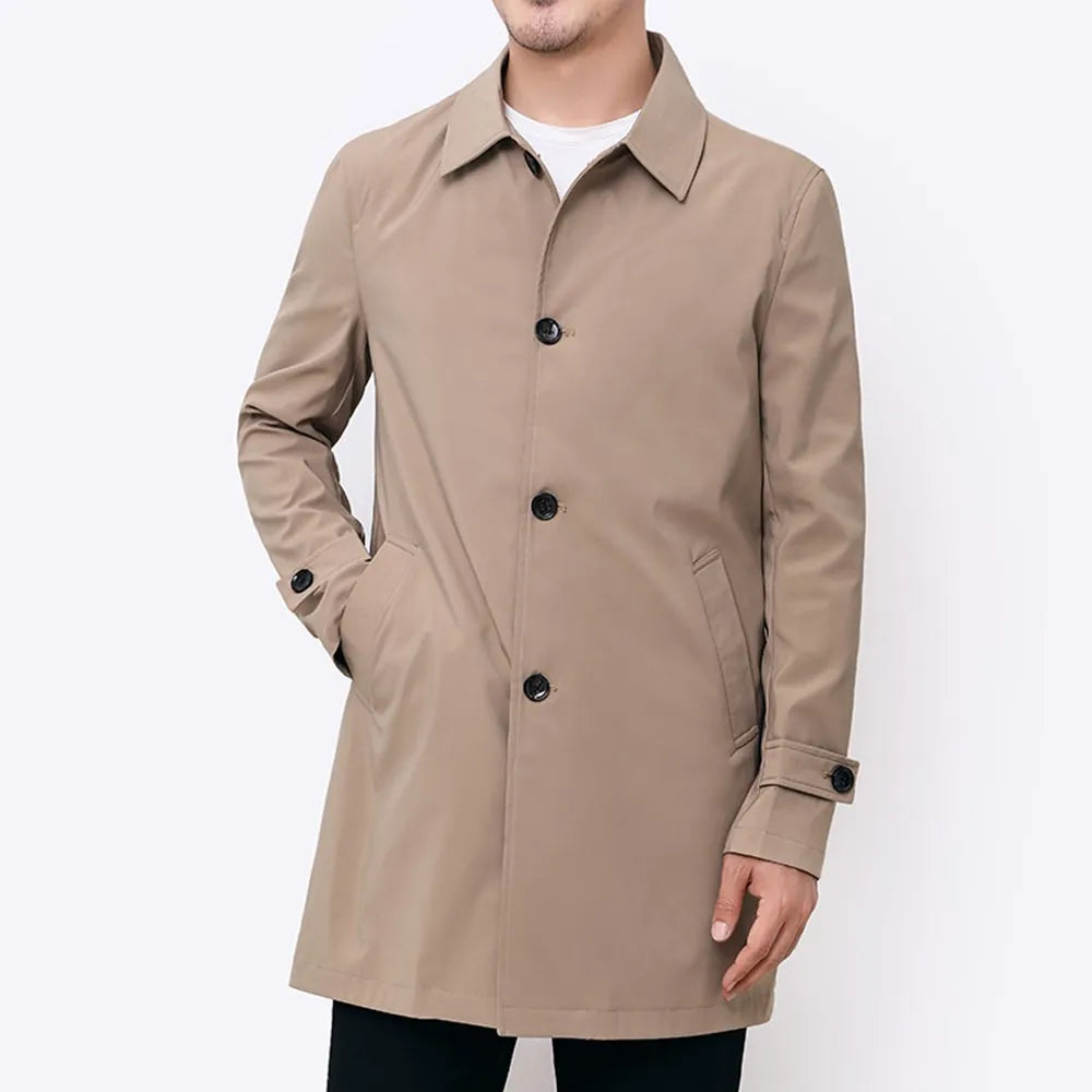 Trench Men Long Windbreaker Coat Fashion Business Casual Loose Solid Trench Mens England Style Turn Down Collar Jackets Outwear  Amaijoin