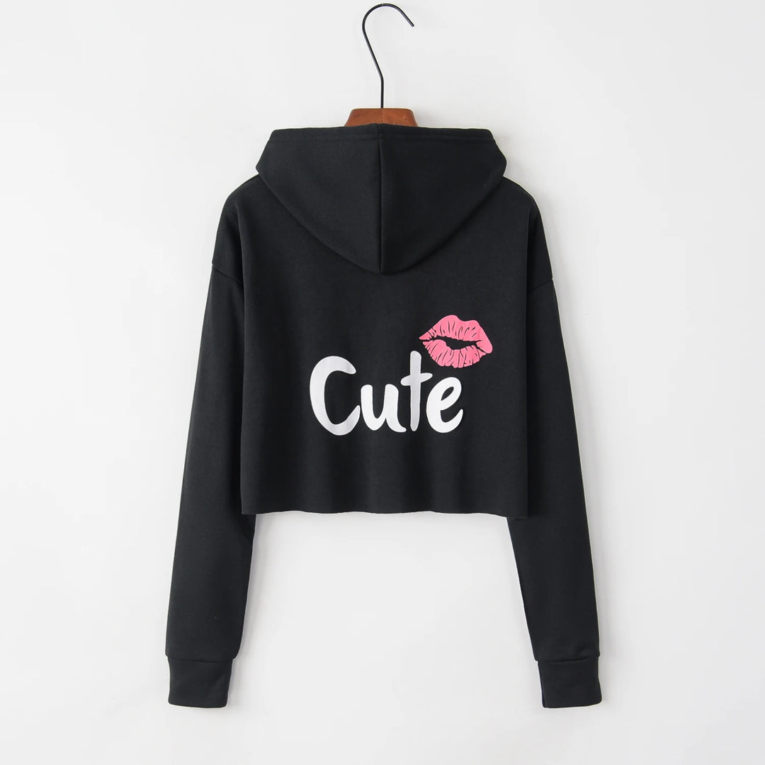 Lip Letter Print Exposed Navel Long Sleeved Hoodie  Amaijoin