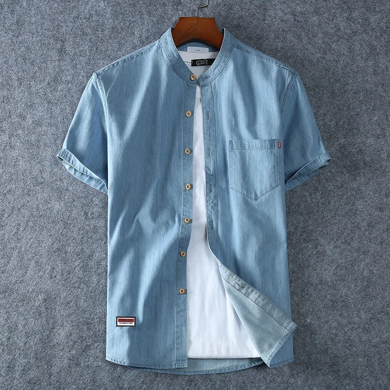 Men's Blue Denim Shirts Short Sleeve Jean Shirts New Summer High Quality Men Cotton Light Blue Denim Shirts Plus size L-8XL  Amaijoin