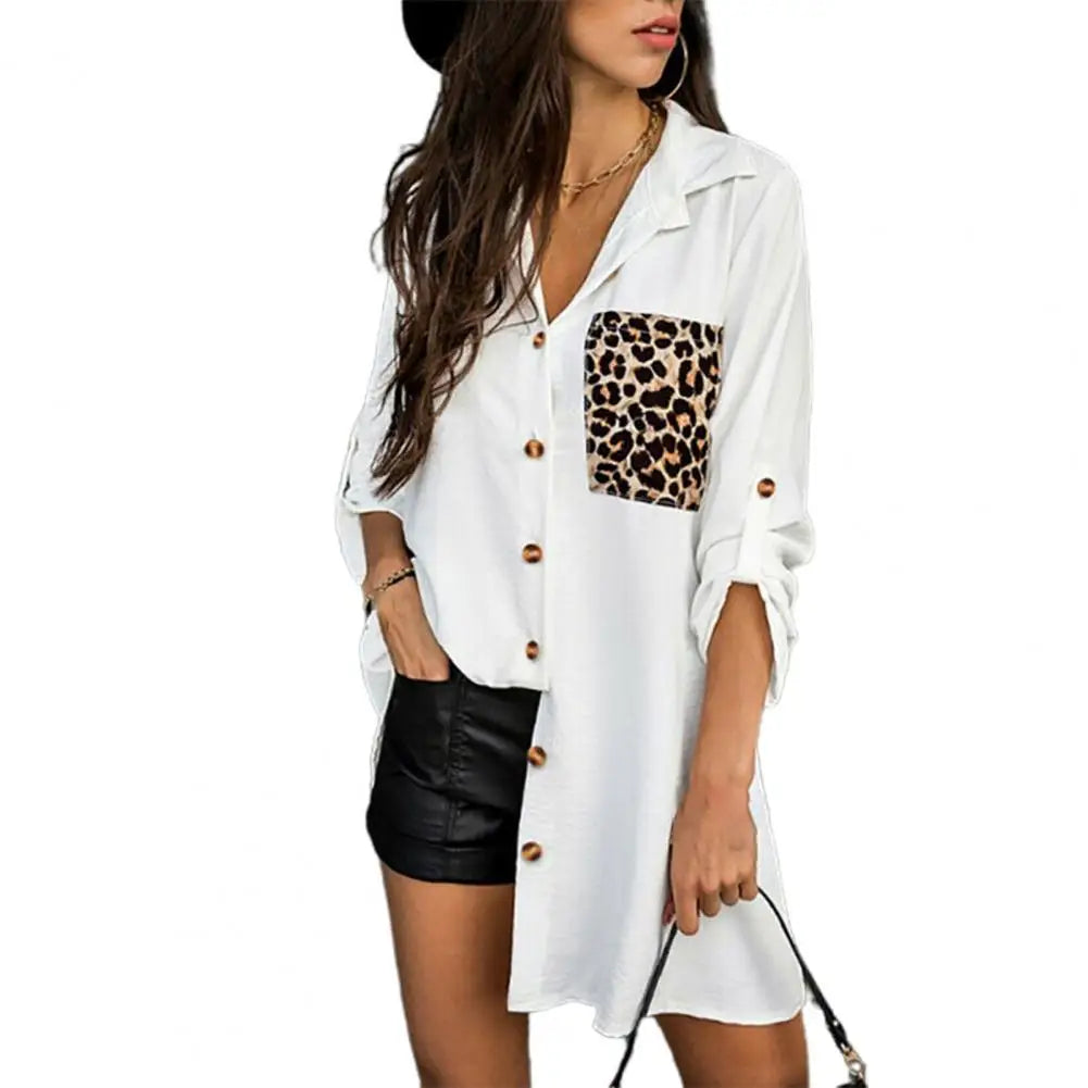 Women Casual Streetwear Summer Shirt Leopard Patch Pocket Loose Casual Ladies Long Sleeve Button Placket Tops for Work  Amaijoin