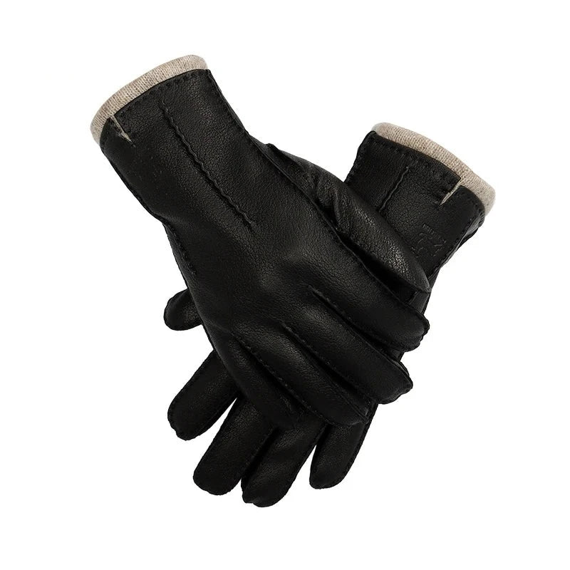 hand-stitched deerskin gloves men warm soft men's black corrugated gloves 70% wool lining warm in autumn and winter man mitten  Amaijoin