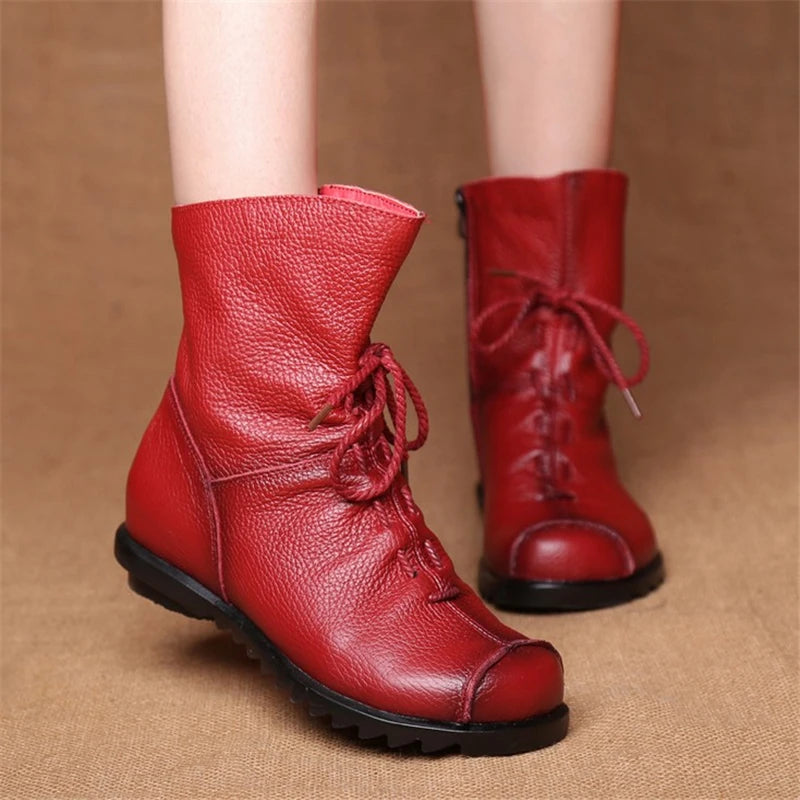 JIANBUDAN/ Genuine Leather Plush women's short Boots Retro Casual Autumn Winter Women's Boots Waterproof leather warm Snow boots  Amaijoin