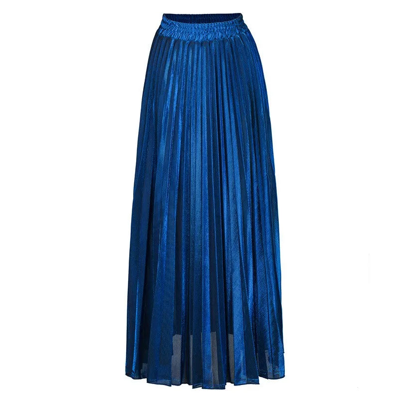 2022 Spring Metal Color Pleated Maxi Skirt Elastic High Waist Harajuku Large Swing Gold Long Skirts For Women XXL Saias SK275  Amaijoin