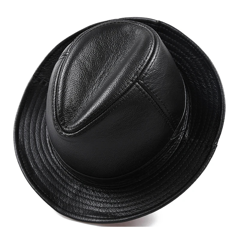 New 2024 Man High Quality Genuine Leather Cowhide Fedora Gentleman Cow Skin Short Brim Black/Brown Top Hat Male Shows  Amaijoin