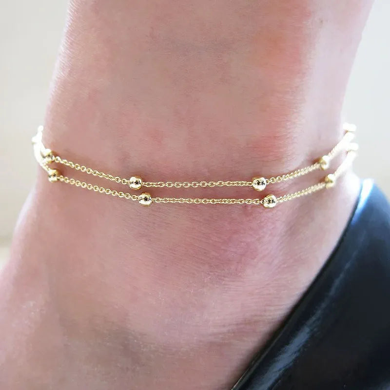 Two Layers Chain Heart Moon Sun Gold Silver Color Anklets For Women Bracelets Summer Barefoot Sandals Jewelry On Foot Leg  Amaijoin