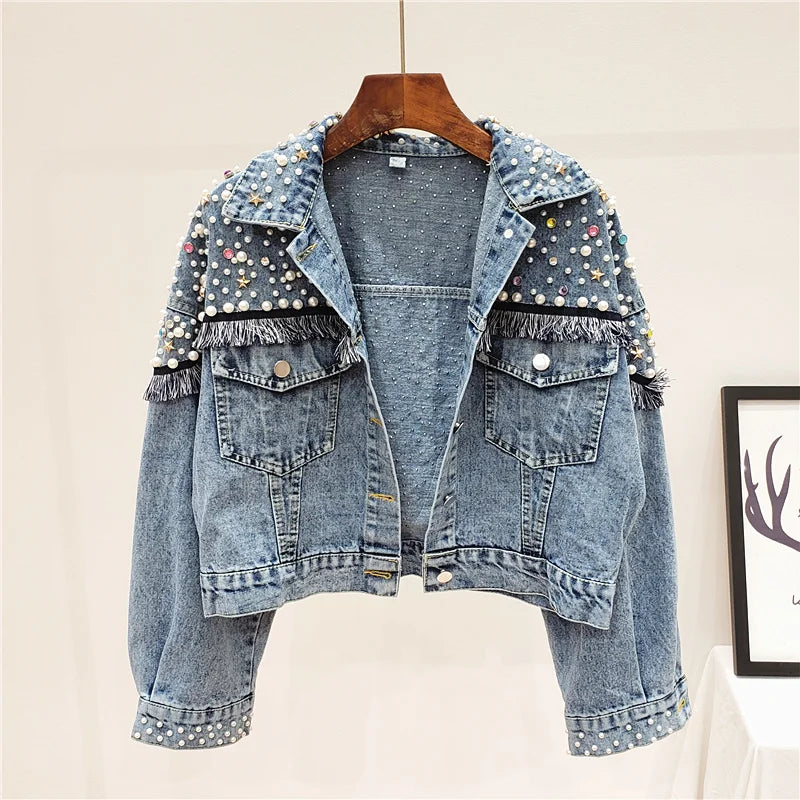 2024 New Mujer Spring Autumn Streetwear Denim Jacket Women Hand-studded Pearls Punk Tassel Veste Femme Loose Short Jeans Coats  Amaijoin