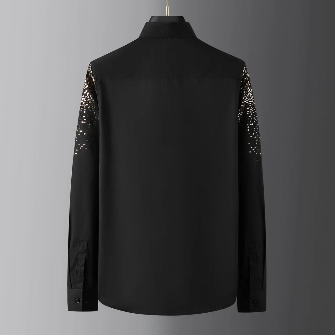 Luxury Golden Sequin Embroidery Shirts Men Long Sleeve Slim Business Formal Dress Shirts Casual Social Party Banquet Tuxedo  Amaijoin