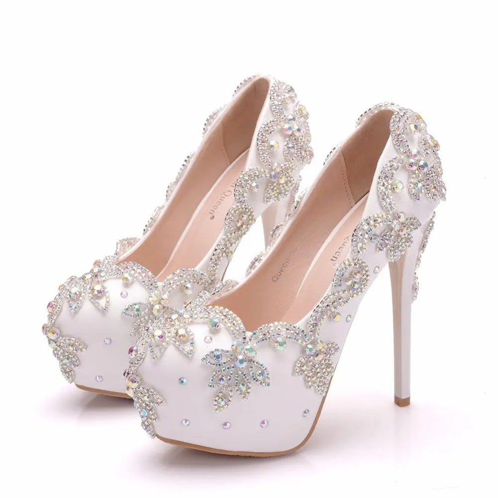 Women Bride Shoes High Heels Wedding Thin Heels White Diamond Glittering Evening Dress Shoe Luxury Crystal Pumps For Party  Amaijoin