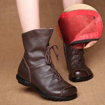 JIANBUDAN/ Genuine Leather Plush women's short Boots Retro Casual Autumn Winter Women's Boots Waterproof leather warm Snow boots  Amaijoin