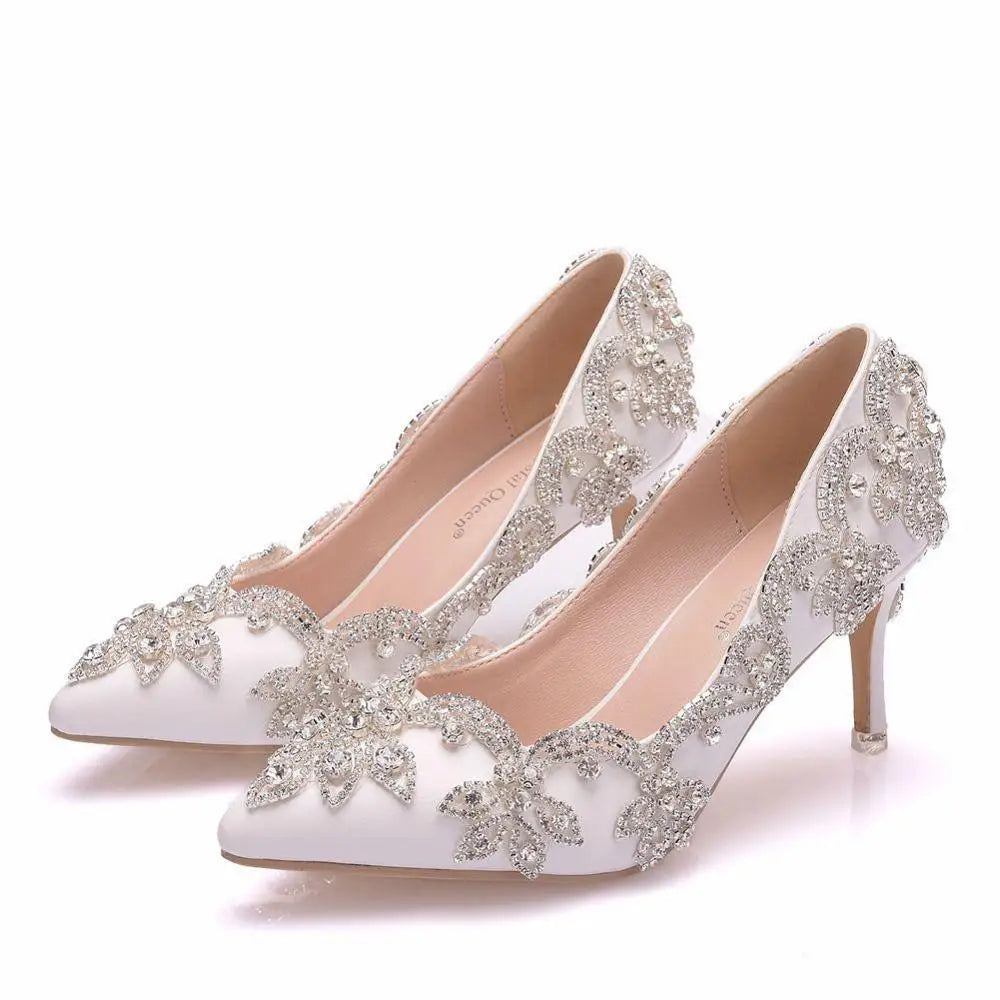 Women Bride Shoes High Heels Wedding Thin Heels White Diamond Glittering Evening Dress Shoe Luxury Crystal Pumps For Party  Amaijoin