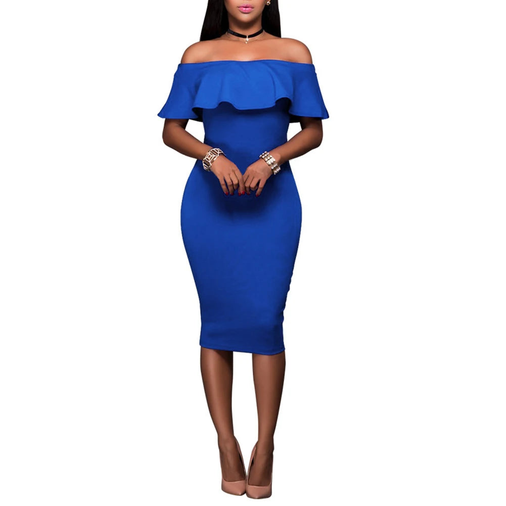 Women Party Bodycon Midi Dress Sexy Off Shoulder Layered Flounce Ruffle Chic Elegant Evening Party Dress de mulher Suit Vestidos  Amaijoin