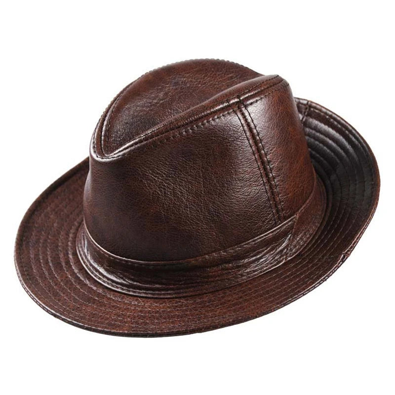 New 2024 Man High Quality Genuine Leather Cowhide Fedora Gentleman Cow Skin Short Brim Black/Brown Top Hat Male Shows  Amaijoin