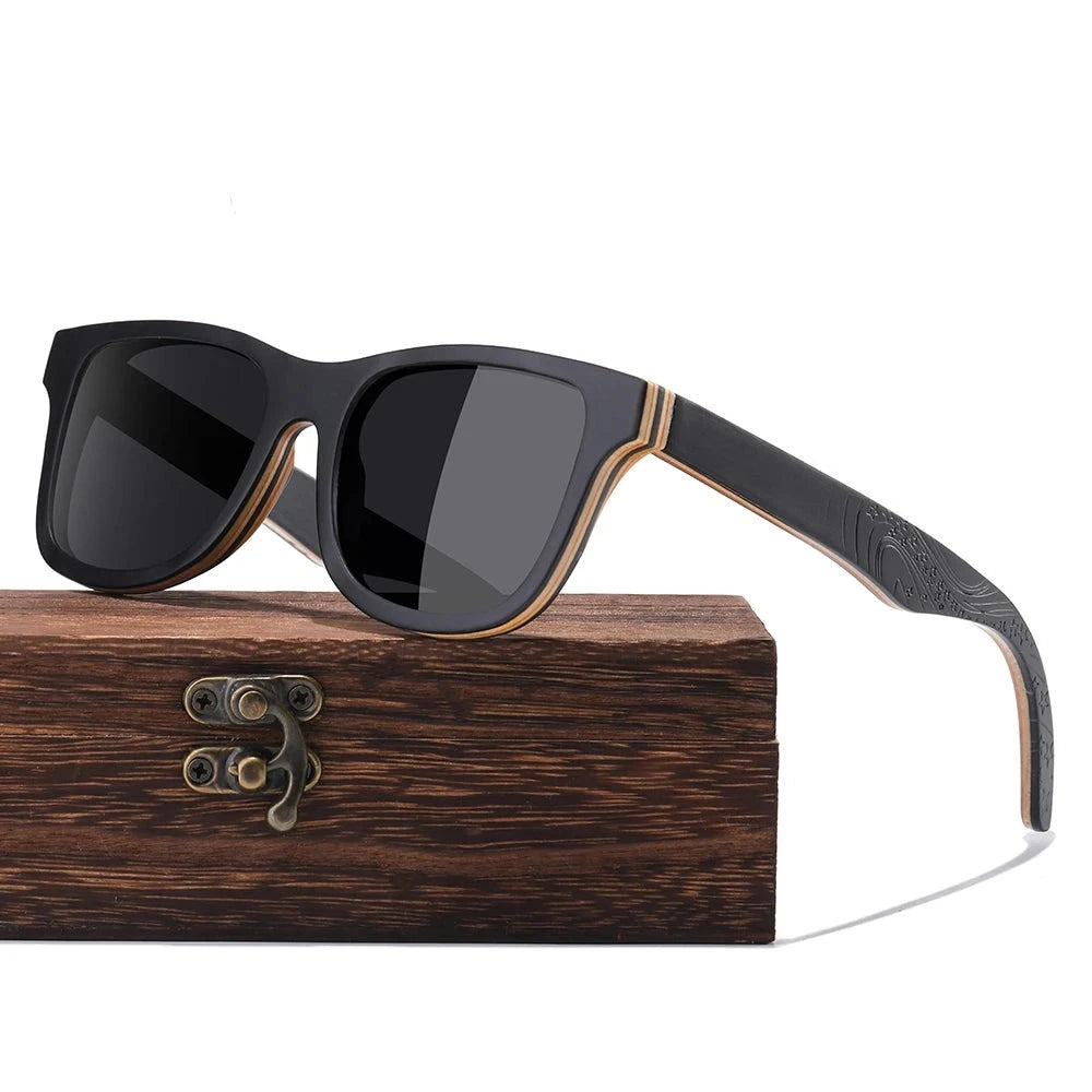 GM Luxury Skateboard Wood Sunglasses Vintage Black Frame Wooden Sunglasses Women Polarized Men's Bamboo Wood Sunglasses S5832  Amaijoin