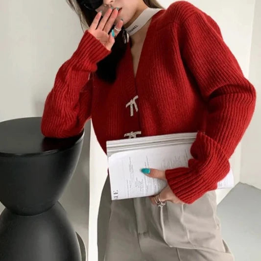 Autumn And Winter Clothing 2023 Fashion Trend Ladies French Retro Knitted Cardigan V-neck Long-sleeved Solid Color Sweater  Amaijoin