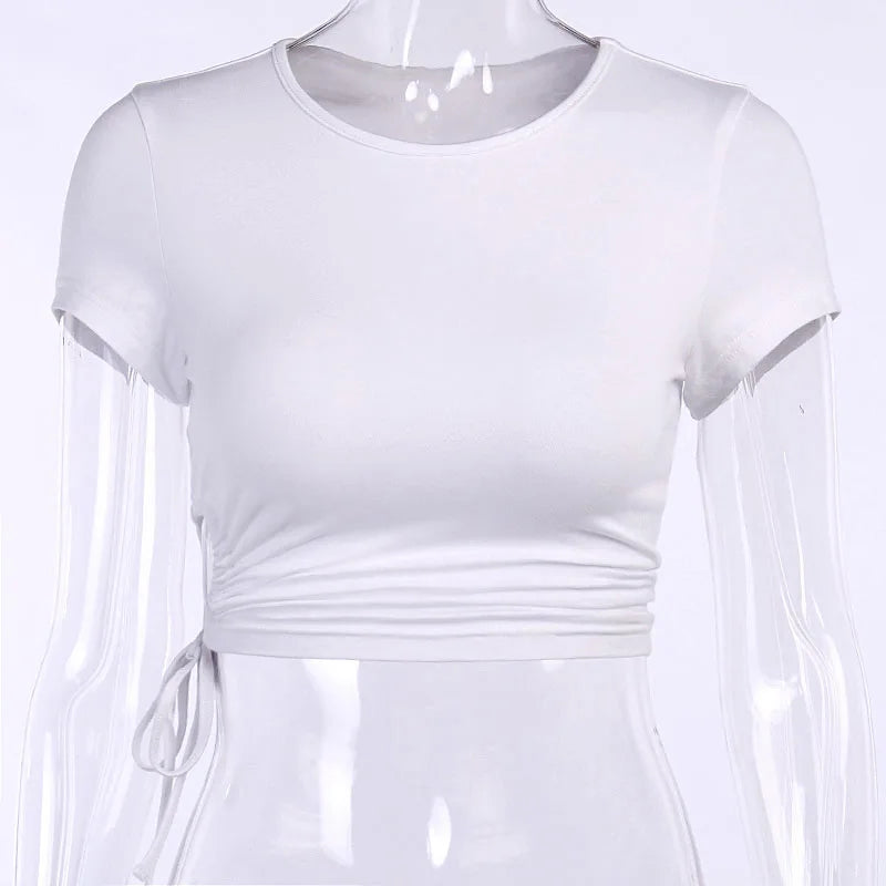 White T shirt Crop Tops Women Summer Short Sleeve Solid Round Neck Short Tee Top Drawstring Slim Fashion Female Shirts  Amaijoin