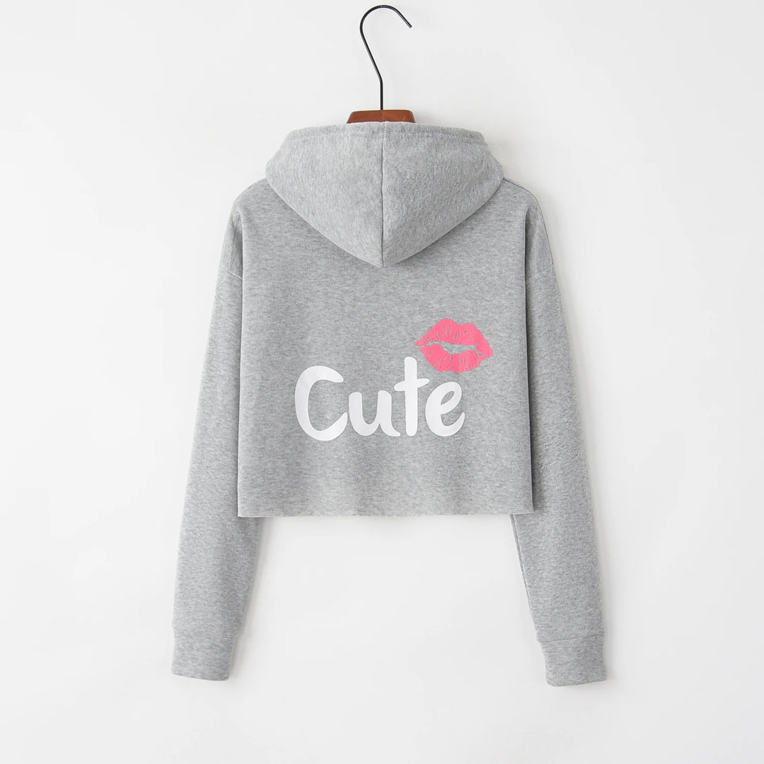 Lip Letter Print Exposed Navel Long Sleeved Hoodie  Amaijoin