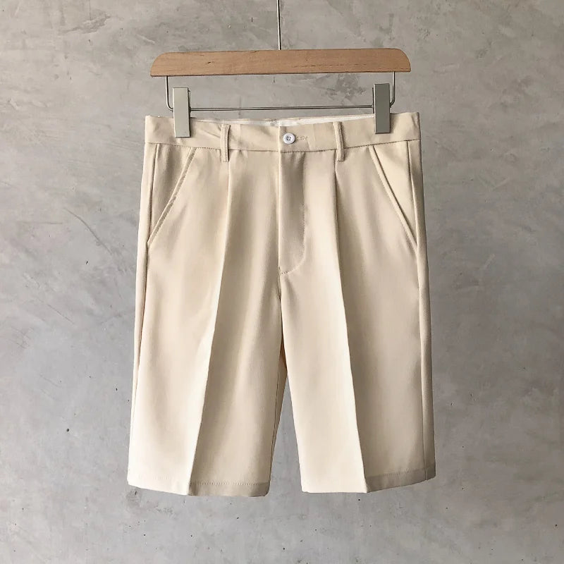 Summer Loose Male Shorts 2023 Korean Solid Shorts Men Fashion Business Office Mid-rise Button Straight Casual Five Points Pants  Amaijoin