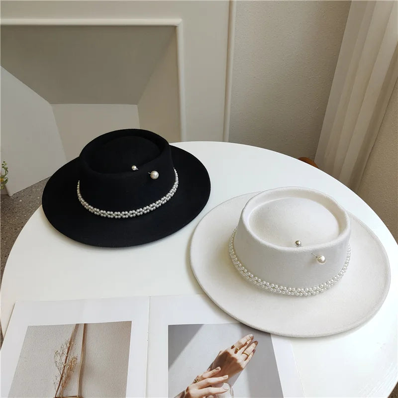 Women's Pearl Chain Fedora High Fashion with Pearl Pins Bump Cap Black White Autumen Winter Ladies Fedoras Wide Brim Girl Hat  Amaijoin