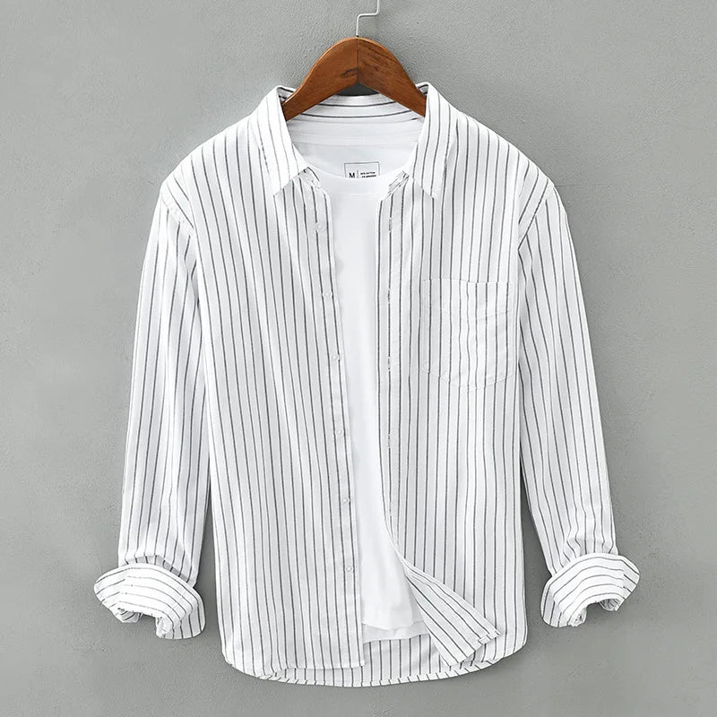 8803 Men Vertical Striped Oxford Shirts Pocket Lapel Japan Style Wash Cotton Four Season Fresh Modern Casual Student Youth Tops  Amaijoin