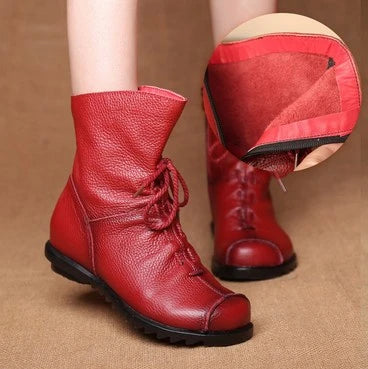 JIANBUDAN/ Genuine Leather Plush women's short Boots Retro Casual Autumn Winter Women's Boots Waterproof leather warm Snow boots  Amaijoin