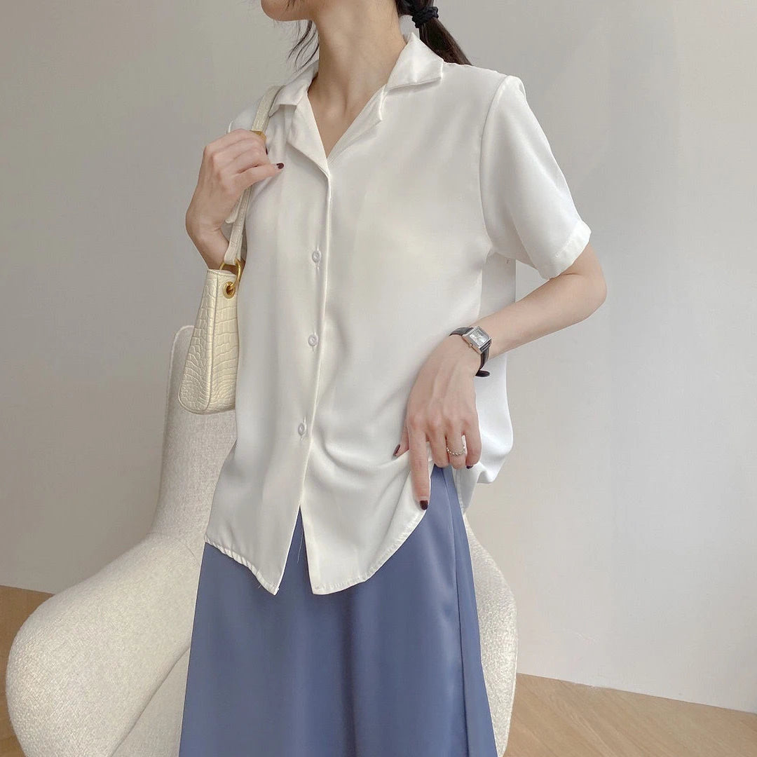 Women Summer Chiffon Blouse Elegant Short Sleeve V Neck Loose Shirt Casual Solid Korean Chic Simple Tops Female Tunic Blusas  Amaijoin