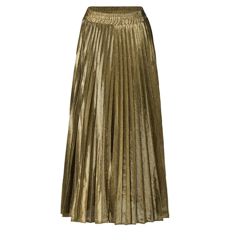 2022 Spring Metal Color Pleated Maxi Skirt Elastic High Waist Harajuku Large Swing Gold Long Skirts For Women XXL Saias SK275  Amaijoin