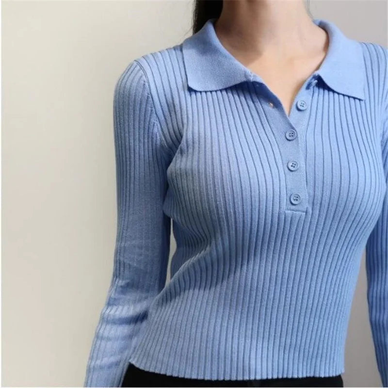 Korean Fashion Buttons Cropped Knitted Polo Shirt Sweater Women Autumn Fashion Elegant Long Sleeve Tops Ladies Knitwear Femme  Amaijoin