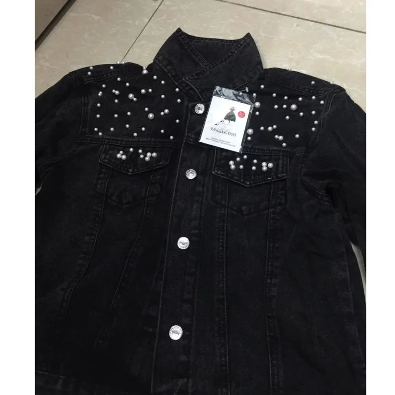 2024 Women's Short Denim Jacket Beaded Pearl Jacket Loose Spring and Autumn New Denim Jacket  Amaijoin