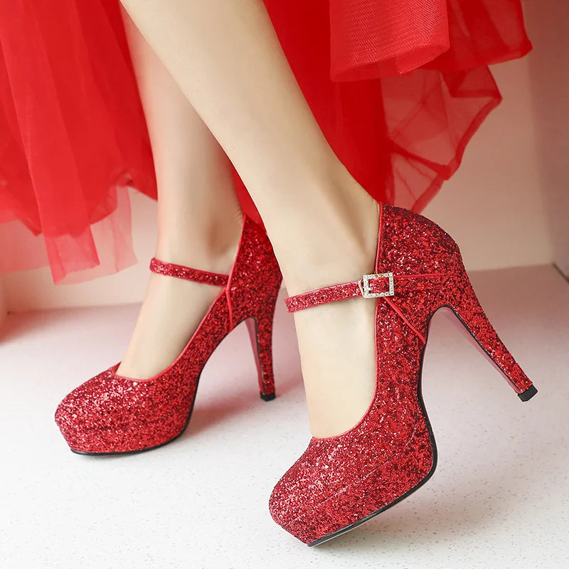 Luxury Sequined High Heels Shoes Woman Pumps Platform Red Gold Silver Heeled Party Office Wedding Bridal Shoes Female ZOGEER  Amaijoin