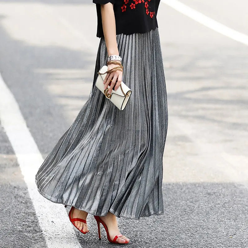 2022 Spring Metal Color Pleated Maxi Skirt Elastic High Waist Harajuku Large Swing Gold Long Skirts For Women XXL Saias SK275  Amaijoin