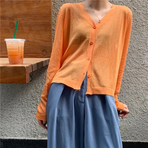 Cardigan Shirt Women Tops Korean Long Sleeve Cardigan Summer Tops V Neck Thin Knitted Sunscreen Shirt Sweater Blusas Mujer E600  Amaijoin