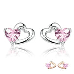 Load image into Gallery viewer, BAMOER 925 Sterling Silver Double Heart to Heart Pink CZ Stud Earrings for Women Brincos Fine Jewelry Bijoux SCE090  Amaijoin
