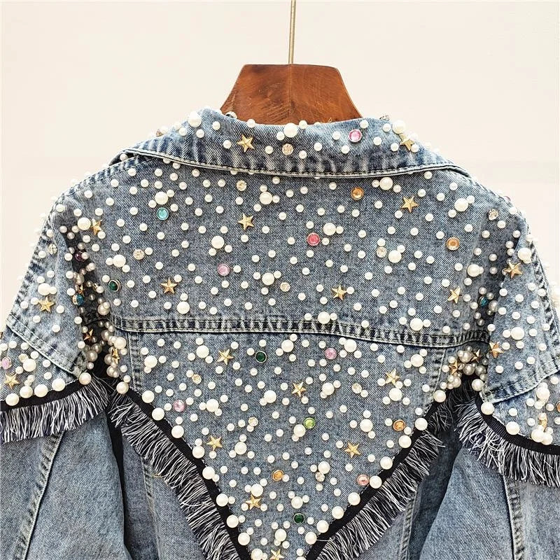 2024 New Mujer Spring Autumn Streetwear Denim Jacket Women Hand-studded Pearls Punk Tassel Veste Femme Loose Short Jeans Coats  Amaijoin