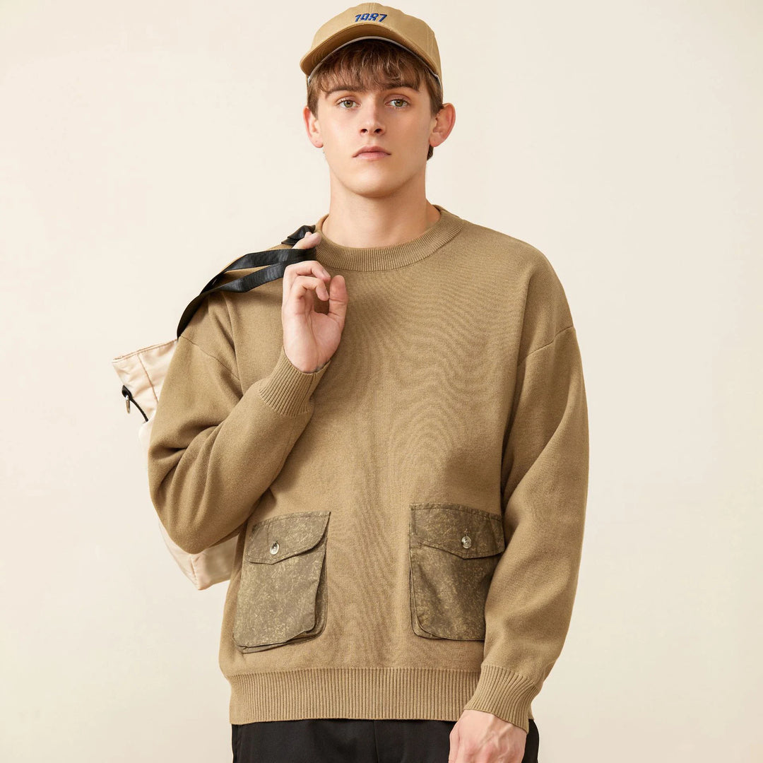 Sw33206 Men Sweater Threaded Sleeve Unique Double Pocket o-Neck Casual Handsome Boyfriend All-Match Popular Trendy Knitwear Tops  Amaijoin