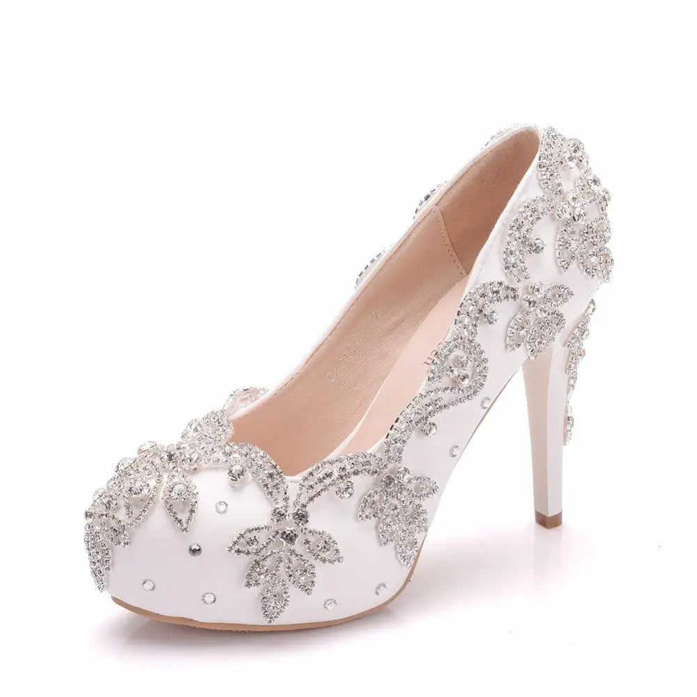 Women Bride Shoes High Heels Wedding Thin Heels White Diamond Glittering Evening Dress Shoe Luxury Crystal Pumps For Party  Amaijoin