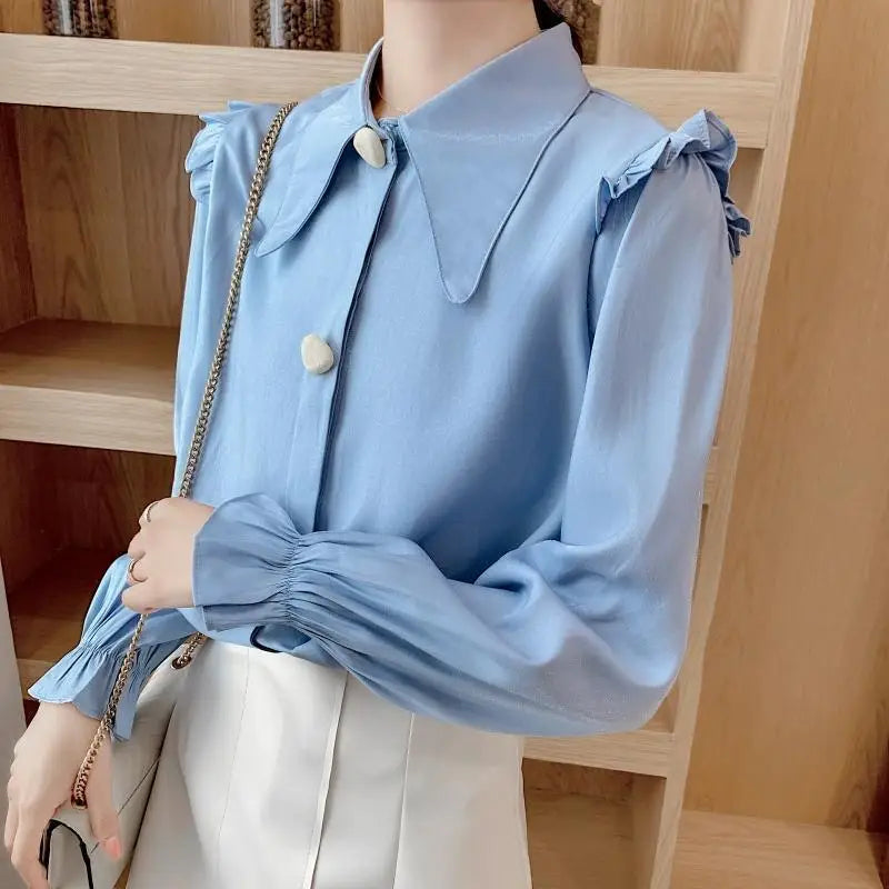 Autumn Women's New Korean Loose Turn-down Collar White Shirt Long-sleeved Chiffon Office Lady Blouses  Amaijoin