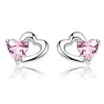 Load image into Gallery viewer, BAMOER 925 Sterling Silver Double Heart to Heart Pink CZ Stud Earrings for Women Brincos Fine Jewelry Bijoux SCE090  Amaijoin
